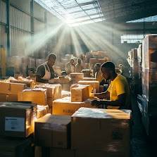 Volunteers packing relief supplies for global distribution