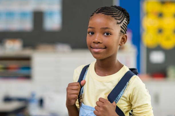Emma, a confident young student with her backpack, ready for school